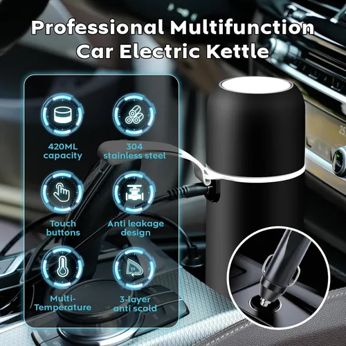 Miniatura 10 de Hervidor eléctrico de viaje, calentador de café de coche de 12 V/24 V, caldera de agua caliente portátil, pequeño calentador de agua caliente