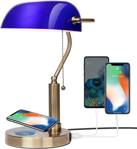 Miniatura 9 de FIRVRE Lámpara de Escritorio de Banco de Vidrio con Puerto de Carga Inalámbrica USB Lámpara de Escritorio LED Lámpara de Mesa con Cadena de Tirón