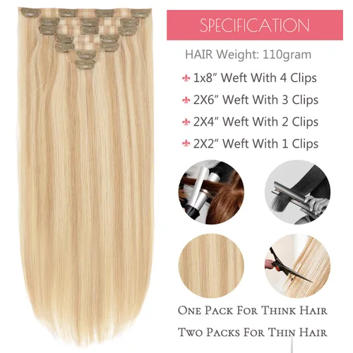 Miniatura 3 de Loxxy - Extensiones de cabello humano de 20 pulgadas, 7 piezas, 110 grms., cinta de poliuretano, sin costuras, 100 % real, Remy natural, piano