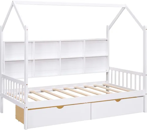 Miniatura 8 de SOFTSEA Cama de casa de tamaño individual para niños, sofá cama de madera con cajones de almacenamiento, marco de cama individual con estantería