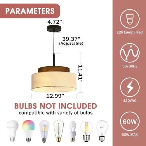Miniatura 3 de Lámpara colgante de granja de 3 luces, lámpara colgante de tambor de 2 niveles con pantalla de tela de 13 pulgadas, lámpara colgante rústica