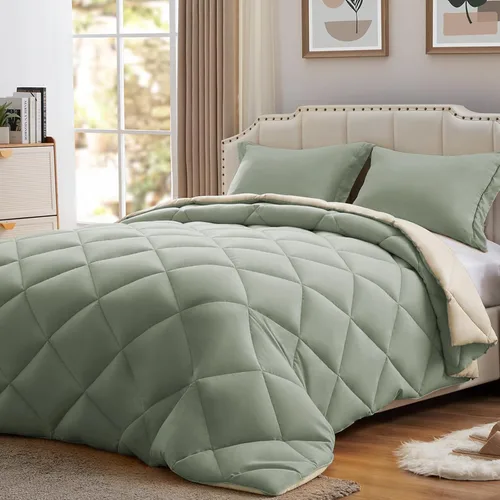 NexHome - Juego de edredón individual Sage & Beige, juego de edredón reversible de 2 piezas, ligero, de plumón alternativo, juego de ropa de cama