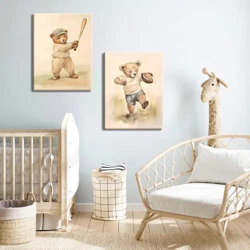 Miniatura 9 de Conjunto de 3 cuadros de arte de pared de osos de rugby deportivos para guardería – Cuadros de osos bebés vintage bonitos, pinturas, pósteres