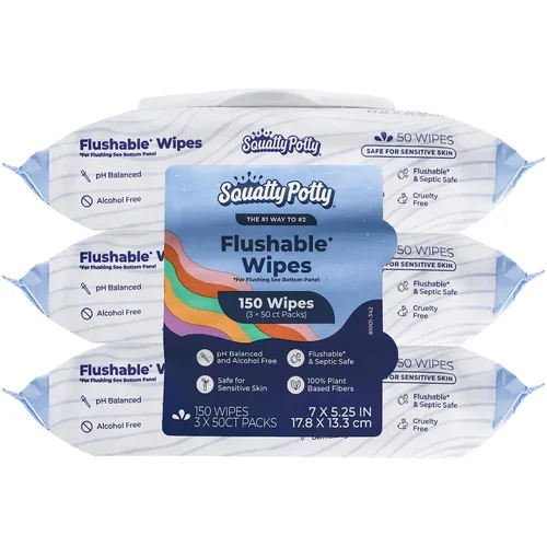 Squatty Potty Toallitas Desechables – Paquete de 3 (150 Toallitas en Total) – 99% a Base de Agua y Plantas – Aroma de Té Verde, Pepino y Aloe Spa –