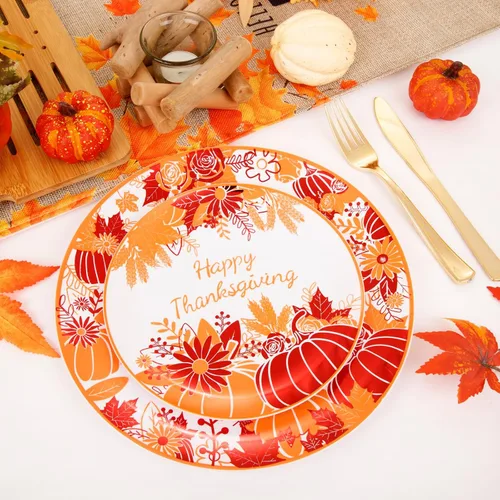 Miniatura 4 de DaYammi 210 piezas de platos de plástico para Acción de Gracias, juego de vajilla desechable naranja y rojo que incluye 60 platos, 30 cubiertos