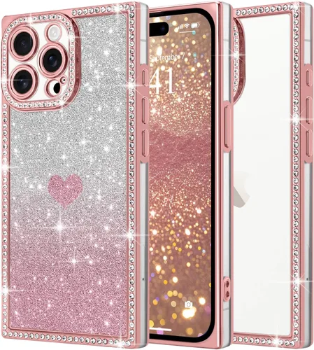 Miniatura 21 de Funda para iPhone 13, funda de diamantes de imitación de lujo con patrón de corazón de amor de cristal [papel con purpurina extraíble], parachoques
