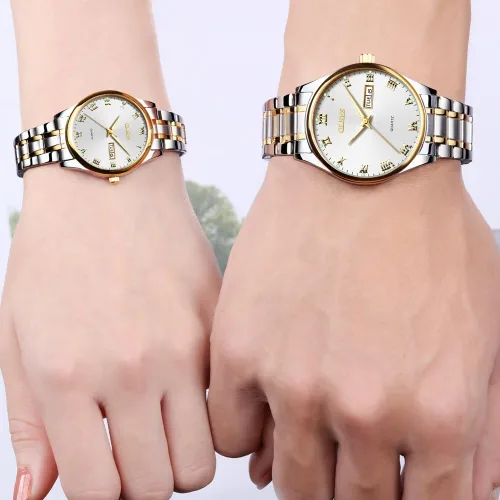 Miniatura 68 de OLEVS Juego de 2 relojes de cuarzo para parejas de San Valentín, calendario luminoso, ventana de fecha, 3 ATM, impermeable, casual, acero