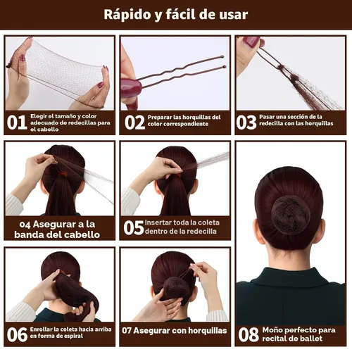 Miniatura 6 de Teenitor Juego de accesorios para el cabello, incluye 40 redes invisibles para recital de ballet y 80 pines para hacer moños, marrón, 3 tamaños