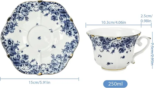 Miniatura 7 de Bone China - Juego de taza de té y platillo, 3 piezas, estilo vintage, juego de taza de té y platillo para mujeres y fiestas de té, caja de regalo