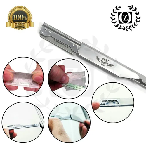 Miniatura 6 de Maquinilla de afeitar de borde recto, calidad de peluquería (bandera estadounidense) para hombre con corte de barba + 10 cuchillas de afeitar Zeepk