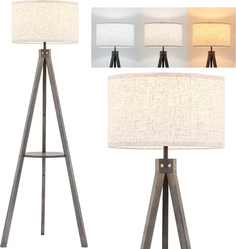 ELYONA Lámpara de pie con trípode de madera estilo granja con mesa, lámpara de pie de lectura moderna con 3 temperaturas de color, bombilla LED y