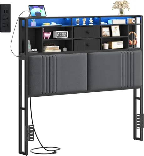 Miniatura 8 de Hzuaneri Cabecera con estantes de almacenamiento de 3 niveles, cabecera tapizada de terciopelo con tomacorriente, 2 puertos USB y luz LED, cabeceros