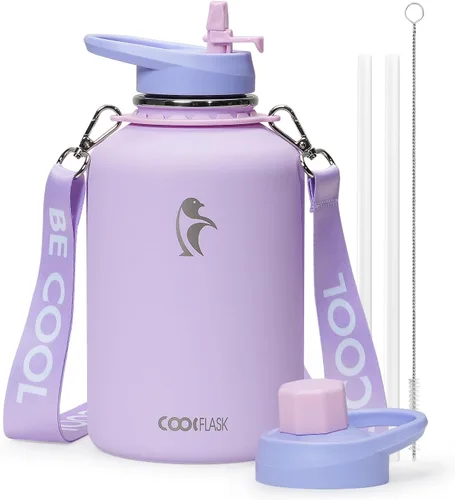 Miniatura 28 de Botella de agua Coolflask de 40 onzas con correa, botella de agua metálica aislada con popote y tapas con pico, acero inoxidable de doble pared al
