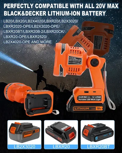 Miniatura 2 de Adisipsoarin Linterna LED inalámbrica para batería Black and Decker de 20 V, luz de trabajo LED de 22 W con puertos de carga rápida USB-A y USB-C