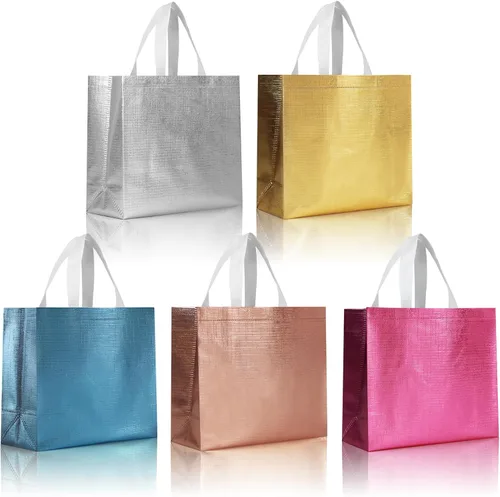 cabzymx 15 bolsas de regalo reutilizables multicolor a granel con 5 colores, 12.6 x 4.7 x 11 pulgadas, bolsas grandes para fiestas navideñas con