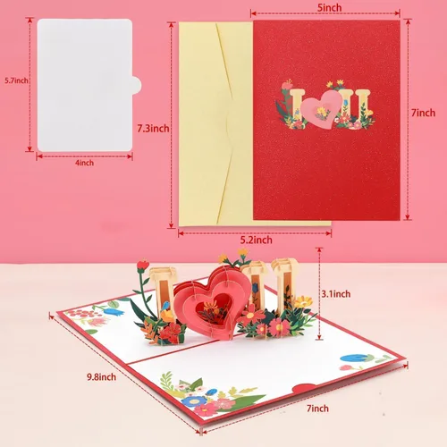 Miniatura 2 de Tarjetas de felicitación de cumpleaños desplegables, tarjetas 3D con texto en inglés "I Love You" para cumpleaños, día de San Valentín, día