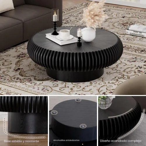 Miniatura 4 de Mesa de centro de tambor de 31.5 pulgadas, moderna y única, mesa de té acanalada, mesa de centro redonda de madera contemporánea con mesa central