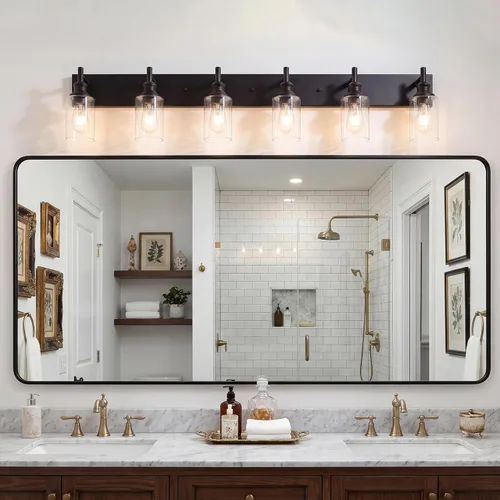 Miniatura 2 de 6 luces de tocador de baño, níquel cepillado, accesorios de iluminación de baño sobre espejo con vidrio transparente, aplique de pared industrial