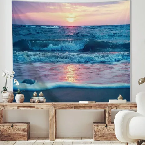 Miniatura 2 de IcosaMro Tapiz oceánico para colgar en la pared, mar, playa, ola, sol, nube, paisaje, naturaleza, arte de pared [dobladillos dobles] decoración