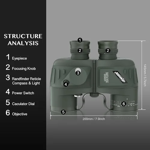Miniatura 9 de AOMEKIE Prismáticos marinos para adultos, 10x50, impermeables, con telémetro brújula prisma BAK4, lente FMC para observación de aves, caza, Verde