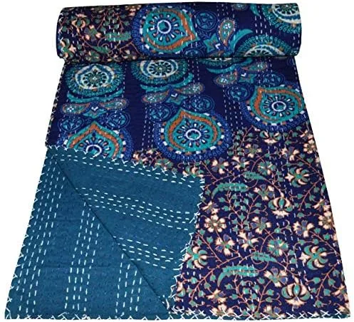Miniatura 4 de YUVANCRAFTS Colcha vintage india Kantha con estampado tradicional de mandala Kantha, manta de edredón (azul y verde, tamaño individual)