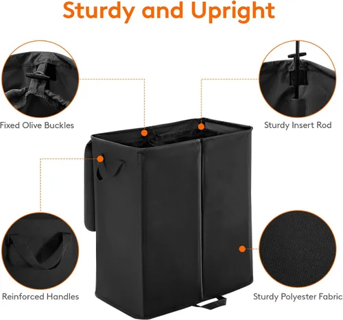 Miniatura 5 de Lifewit Cesta de lavandería doble de 136L con tapa y bolsas de lavandería extraíbles, cesta grande dividida, cesta plegable de 2 secciones con asas
