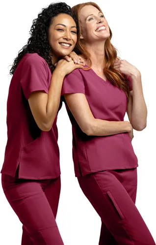 Miniatura 9 de Olive & Co. Camisas médicas para mujer, color rojo vino, moderno, ajustado, con cuello en V