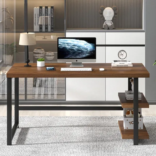 Miniatura 7 de FOLUBAN Escritorio para computadora de 47 pulgadas, escritorio pequeño para el hogar y oficina con estantes de almacenamiento, mesa de estudio, Nogal