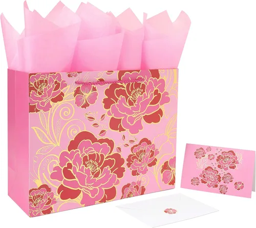 Juego de Bolsa de Regalo Rosa Grande de 13" con Tarjeta de Felicitación y Papel de Seda (Flores con Trazos de Papel Aluminio) para Celebrar Rosa