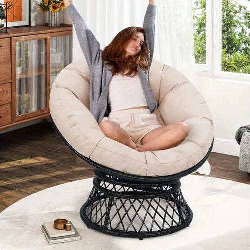 KROFEM Silla Papasan ergonómica de mimbre de 40 pulgadas, silla giratoria de 360° para interiores y exteriores con cojín grueso suave, ideal para