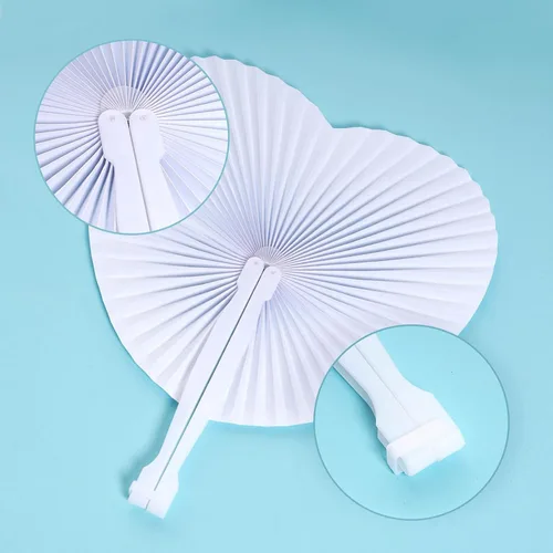 Miniatura 3 de Yolyoo 24 abanicos de boda blancos plegables de papel con forma de corazón con mango de plástico para fiestas de cumpleaños, suministros de verano