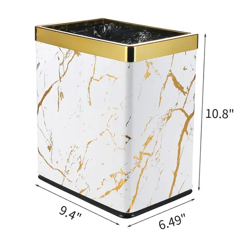 Miniatura 6 de Basurero pequeño de oficina para dormitorio, papelera rectangular delgada para baño, cocina, 2.6 galones (mármol blanco dorado)