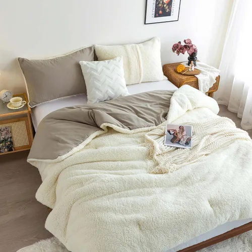 Miniatura 5 de COTTEBED Juego de Edredón Reversible Sherpa Queen - Juego de Edredón Ligero Pero Cálido y Suave para Cama de Tamaño Completo, Juego de Edredón Beige