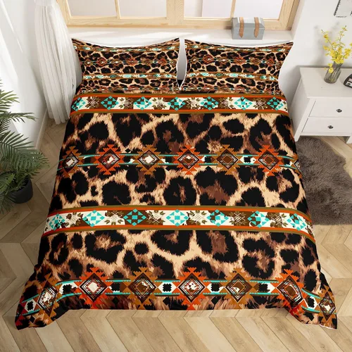 Miniatura 32 de Erosebridal Funda de edredón de piel de vaca marrón con estampado de vaca de las tierras altas, juego de ropa de cama occidental exótico azteca