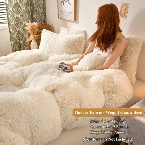 Miniatura 3 de XeGe juego de funda de edredón de terciopelo de lujo ultrasuave, juego de cama de 2 piezas, 1 funda de edredón de piel sintética y 1 funda de Beige