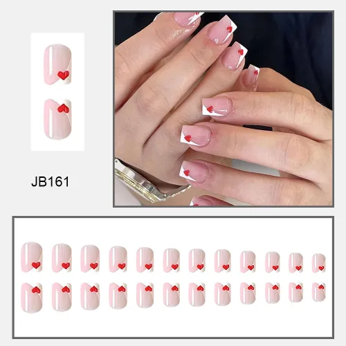 Miniatura 3 de Uñas postizas cuadradas cortas a presión para el día de San Valentín, uñas blancas francesas con pegamento, uñas postizas con diseño de corazón