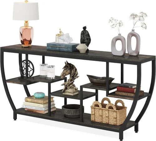 Miniatura 8 de Tribesigns Mesa de sofá de 70.9 pulgadas de largo con estantes, mesa consola rústica con almacenamiento, mesa de entrada industrial, soporte de TV