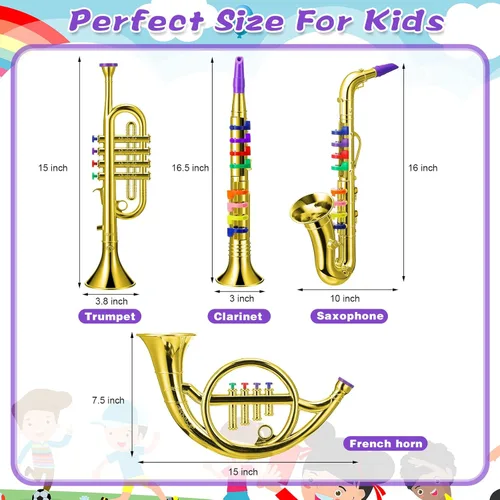Miniatura 2 de Treela Juego de 4 instrumentos musicales para niños, clarinete de juguete saxofón, trompeta y trompeta para principiantes con más de 10 teclas