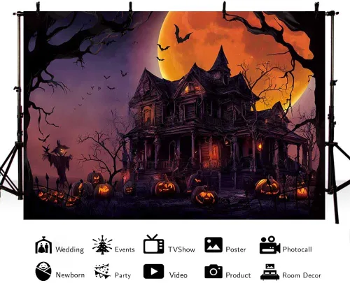 Miniatura 2 de MEHOFOND Telón de fondo temático de Halloween de 7 x 5 pies, horrible luna llena, fondo de fotografía de noche de castillo morado, calabaza, madera