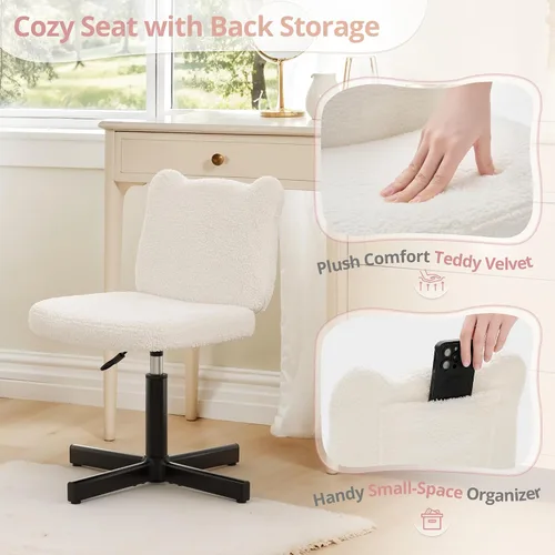 Miniatura 5 de LUE BONA Taburete de tocador ajustable con respaldo ancho con orejas de oso femenino, taburete giratorio de 360° para sala de maquillaje, otomana