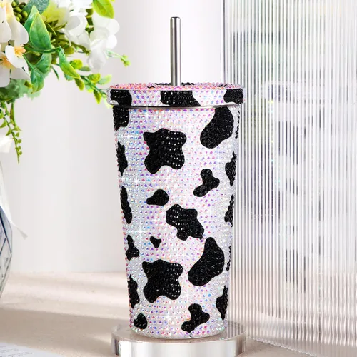 Miniatura 4 de Yaomiao Botella de agua con estampado de vaca, vaso de diamantes de imitación para mujer, botella de agua de vaca con purpurina de 17 onzas
