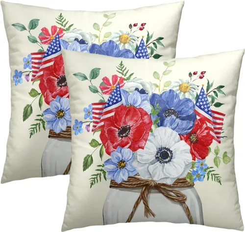 Juego de 2 fundas de cojín decorativas con bandera americana y flores de amapola roja y azul, 16 x 16 pulgadas, fundas cuadradas para sofá, sillón,