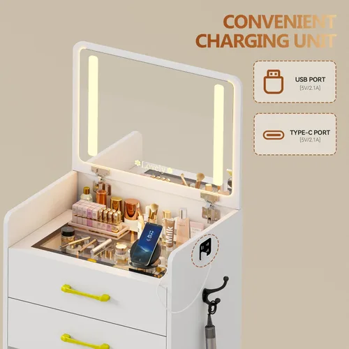Miniatura 2 de Escritorio de tocador 3 en 1 con espejo abatible y luces, mesa de tocador de maquillaje con parte superior de vidrio con estación de carga, tocador