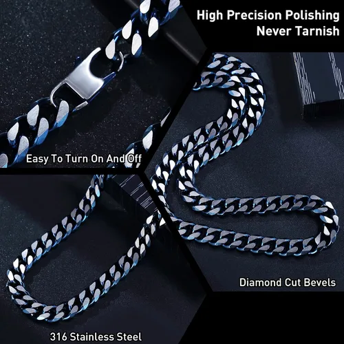 Miniatura 3 de YAMI Cadena de eslabones cubanos para hombre, azul/negro/oro de 14 quilates, acero inoxidable de 0.394-0.472 in de grosor, collar de cadena
