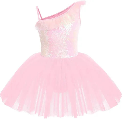 IDOPIP Vestido de ballet de un hombro con volantes lentejuelas para niñas tutú con falda leotardo de bailarina disfraz para niños pequeños