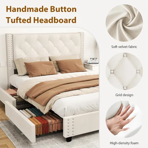 Miniatura 5 de EVLIQUIL - Marco de cama de tamaño matrimonial con 4 cajones de almacenamiento y cabecero, color beige Upholstered Platform Bed Frame with Wood