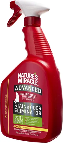 Miniatura 4 de Nature's Miracle Spray Avanzado Eliminador de Manchas y Olores para Gatos, Fórmula Enzimática para Desastres Severos, Aroma Sunny Lemon, 32 onzas