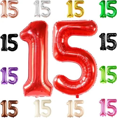 Katchon, Globos rojos enormes del número 15, 40 pulgadas, globos del número 15, decoraciones de cumpleaños de 15 para niñas, decoraciones de