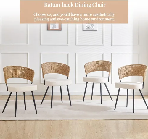 Miniatura 8 de Juego de 4 sillas de comedor de ratán con patas de metal, sillas de comedor modernas tapizadas para cocina, restaurante, comedor, color marrón