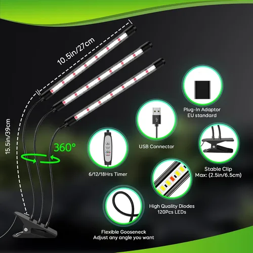 Miniatura 6 de SDOVUERC Tri-Heads - Luces de cultivo para plantas de interior, luces de espectro completo para cultivo en interiores con cuello de cisne ajustable